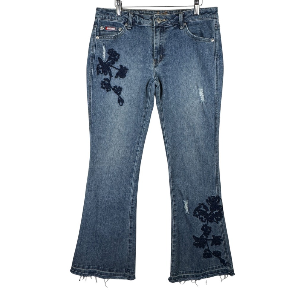 Y2K Southpole Jeans Womens Juniors 11 Embroidered Grunge Floral Flare Denim Emo